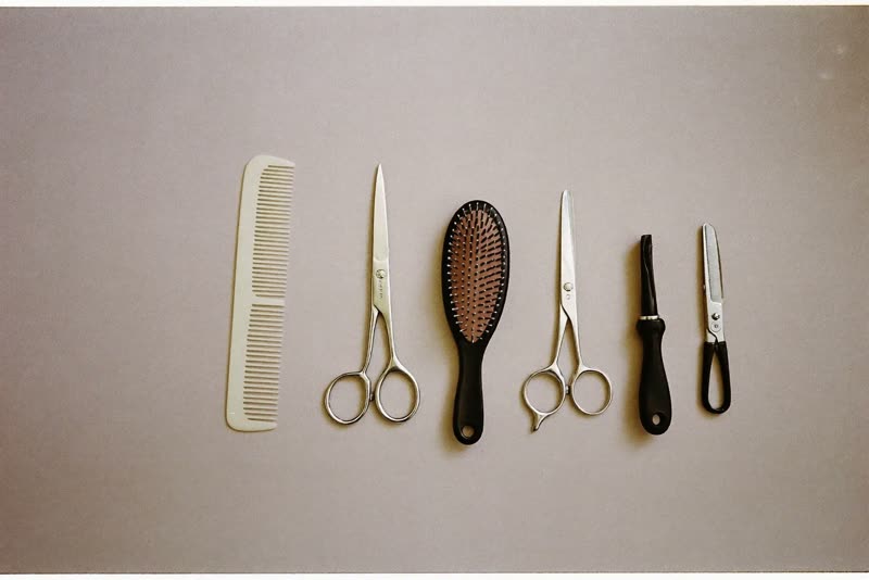 Grooming tools laid out on a pastel surface