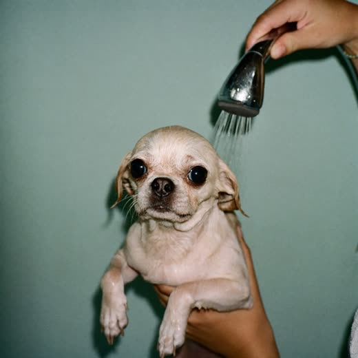 A small dog being bathed and rinsed